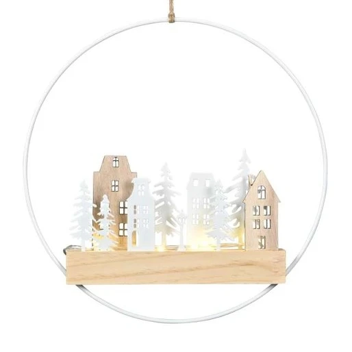 LAATSTE; Ring van metaal met huisjes en LED-verlichting, 28cm
