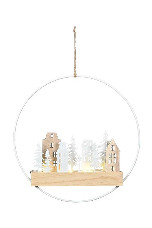 LAATSTE; Ring van metaal met huisjes en LED-verlichting, 28cm
