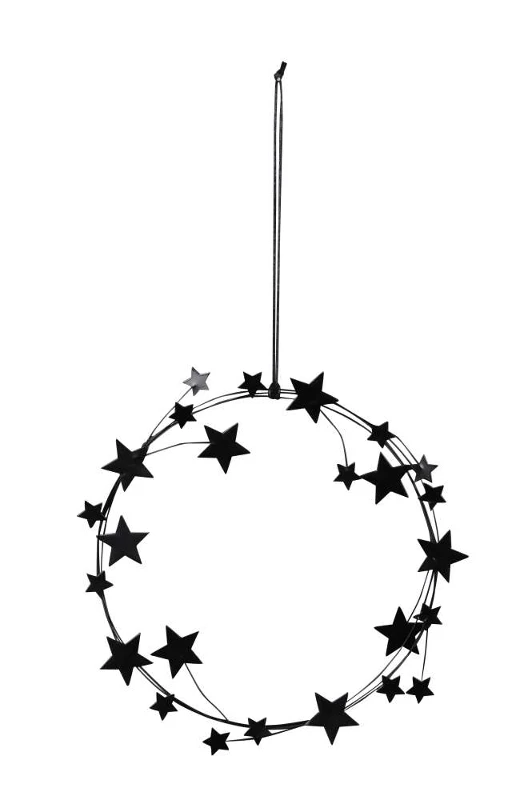 Ring van metaal met zwarte sterren, 26cm (kerst-winter)
