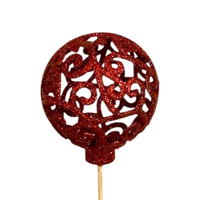 Opengewerkte kerstbal rood met glitters op stokje (kerst-winter)