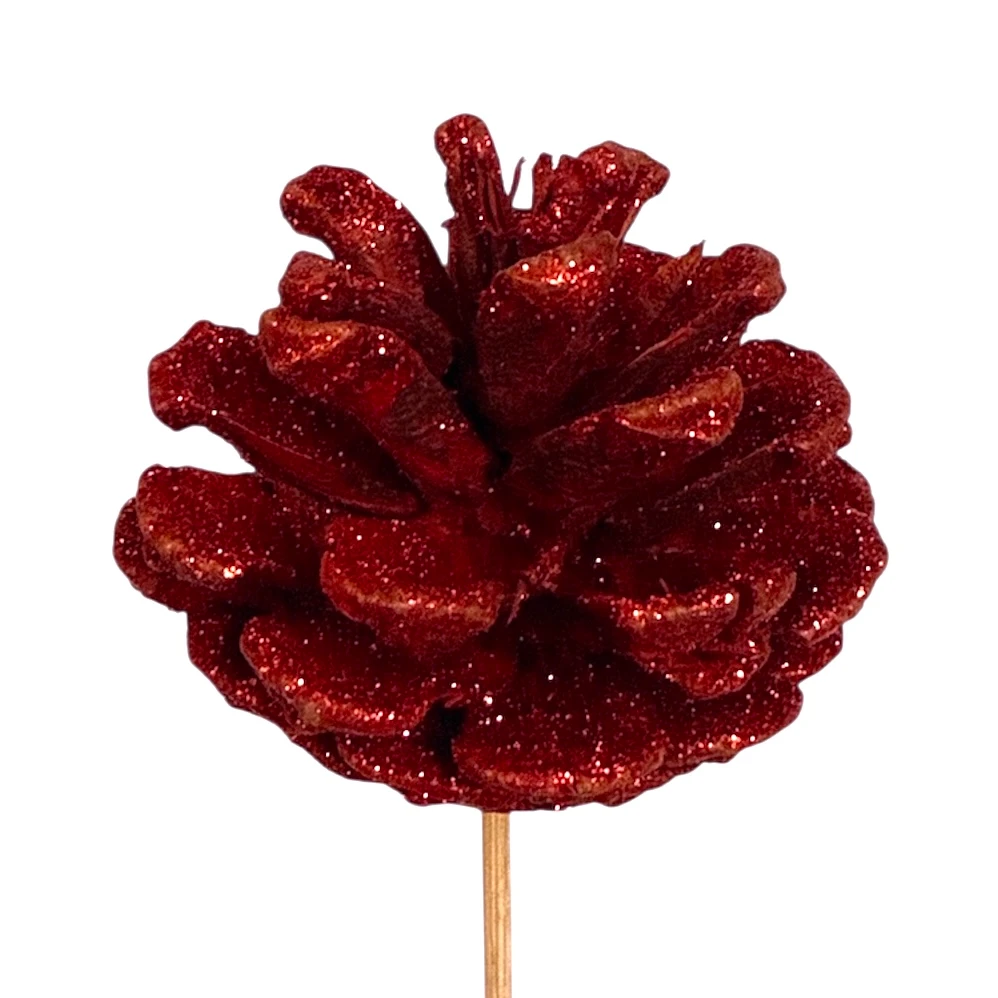 Dennenappel rood met glitters op stokje (kerst-winter)