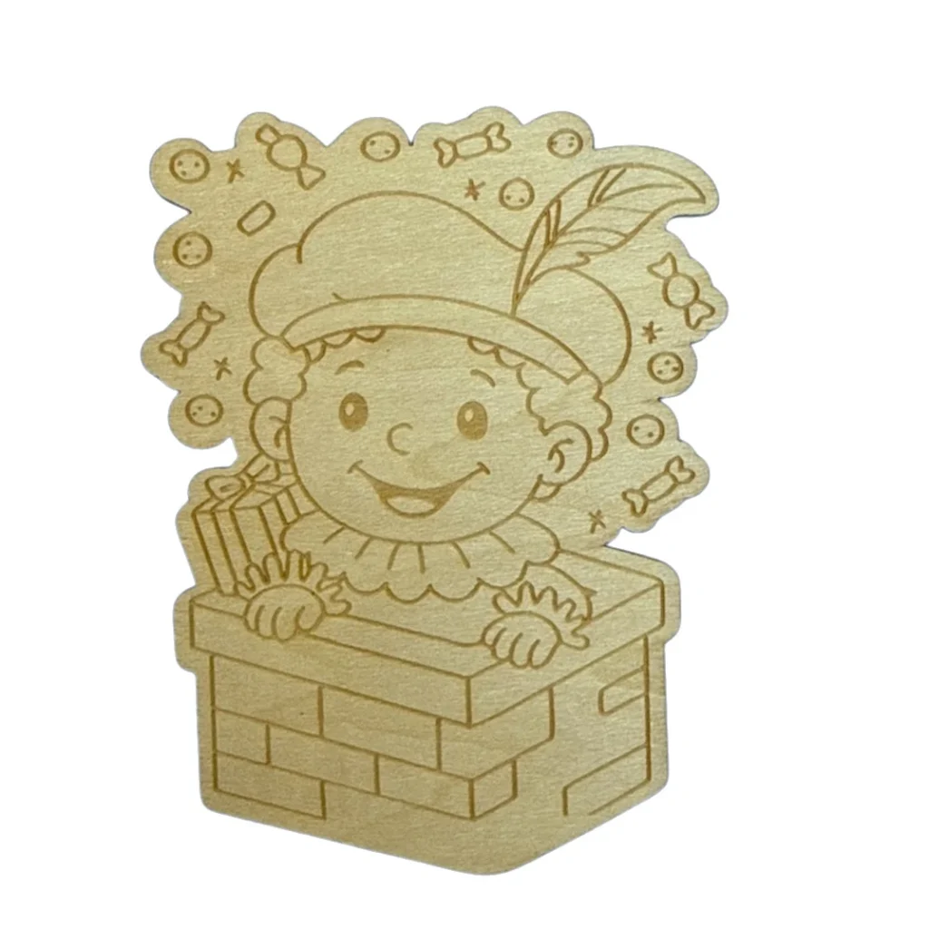 Houten Pietje in de schoorsteen met strooigoed, 100mm hoog