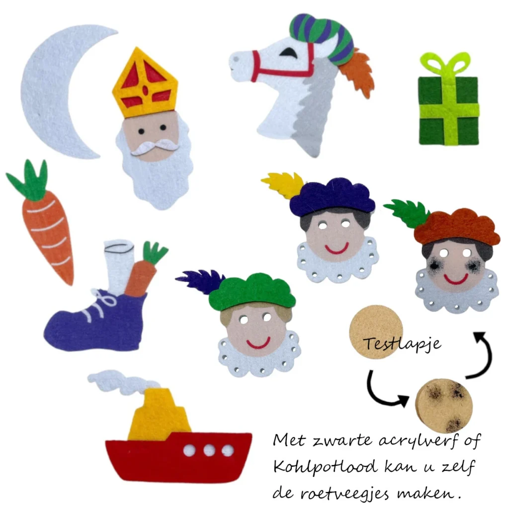 Volledige set gekleurde SInterklaasfiguurtjes met roetveeg Pietjes, 10 stuks