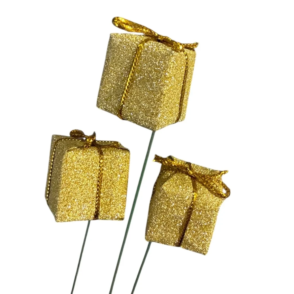 Gouden GLITTER kadootje, 3 stuks, 2,5cm (kerst-winter)