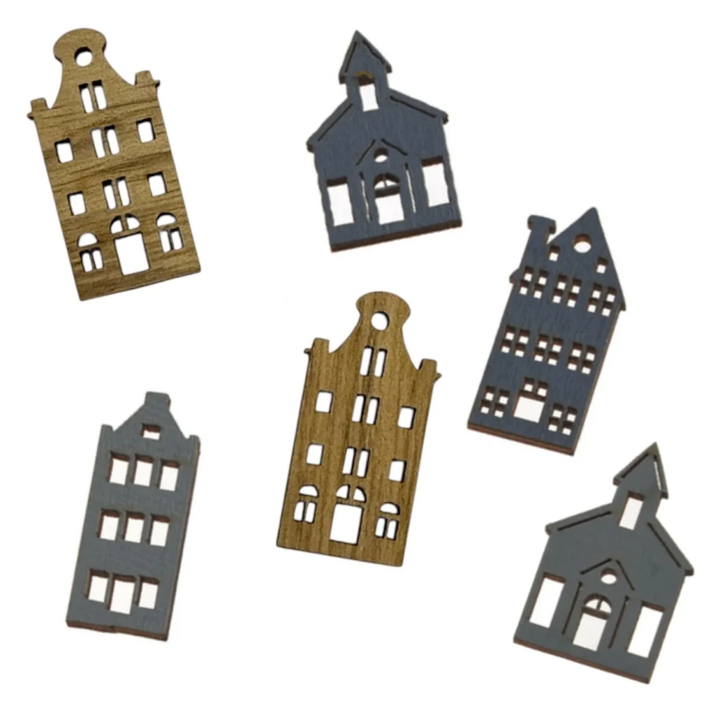 Houten mini huisjes 4 verschillende soorten, 3.5cm