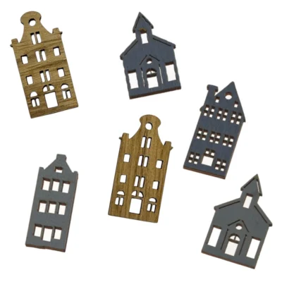 Houten mini huisjes 4 verschillende soorten, 3.5cm