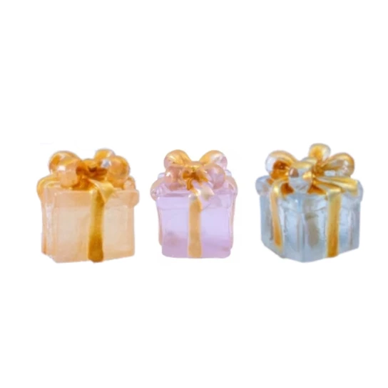 3 kleine mini kadootjes, glow in the dark, 1,4cm ( Goud - lila - lichtblauw)
