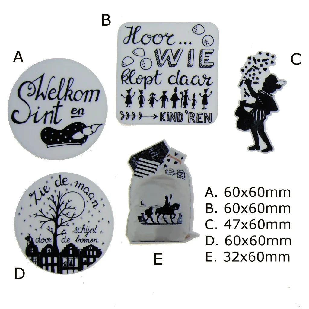 LAATSTE; Set van 5 houten figuurtjes, Handlettering en monochrome decoratie, 6cm
