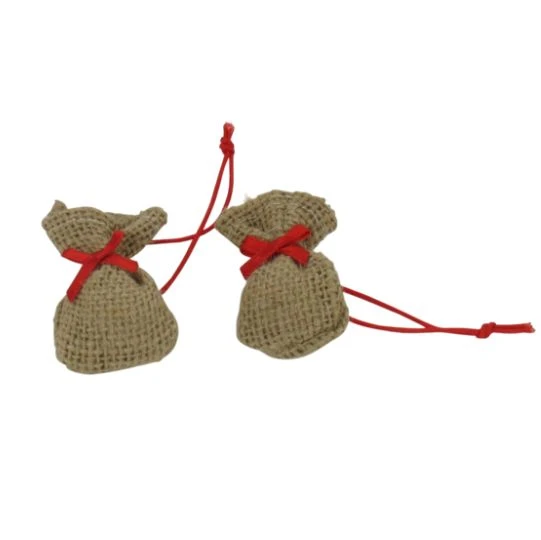 2mini  jute zakjes met rood strikje, 4,5cm