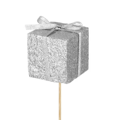 ZILVER glitter kadootje, 5cm (kerst-winter)