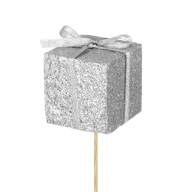ZILVER glitter kadootje, 5cm (kerst-winter)