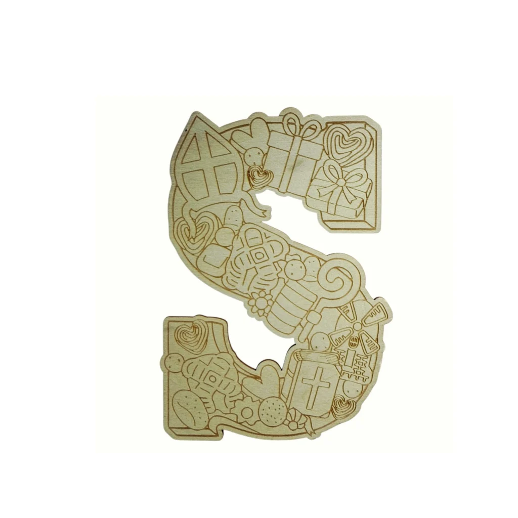 Houten KLEINE Letter S met Sinterklaassymbolen en snoepgoed, 100mm