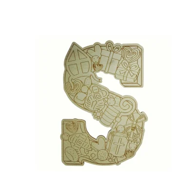 Houten KLEINE Letter S met Sinterklaassymbolen en snoepgoed, 100mm
