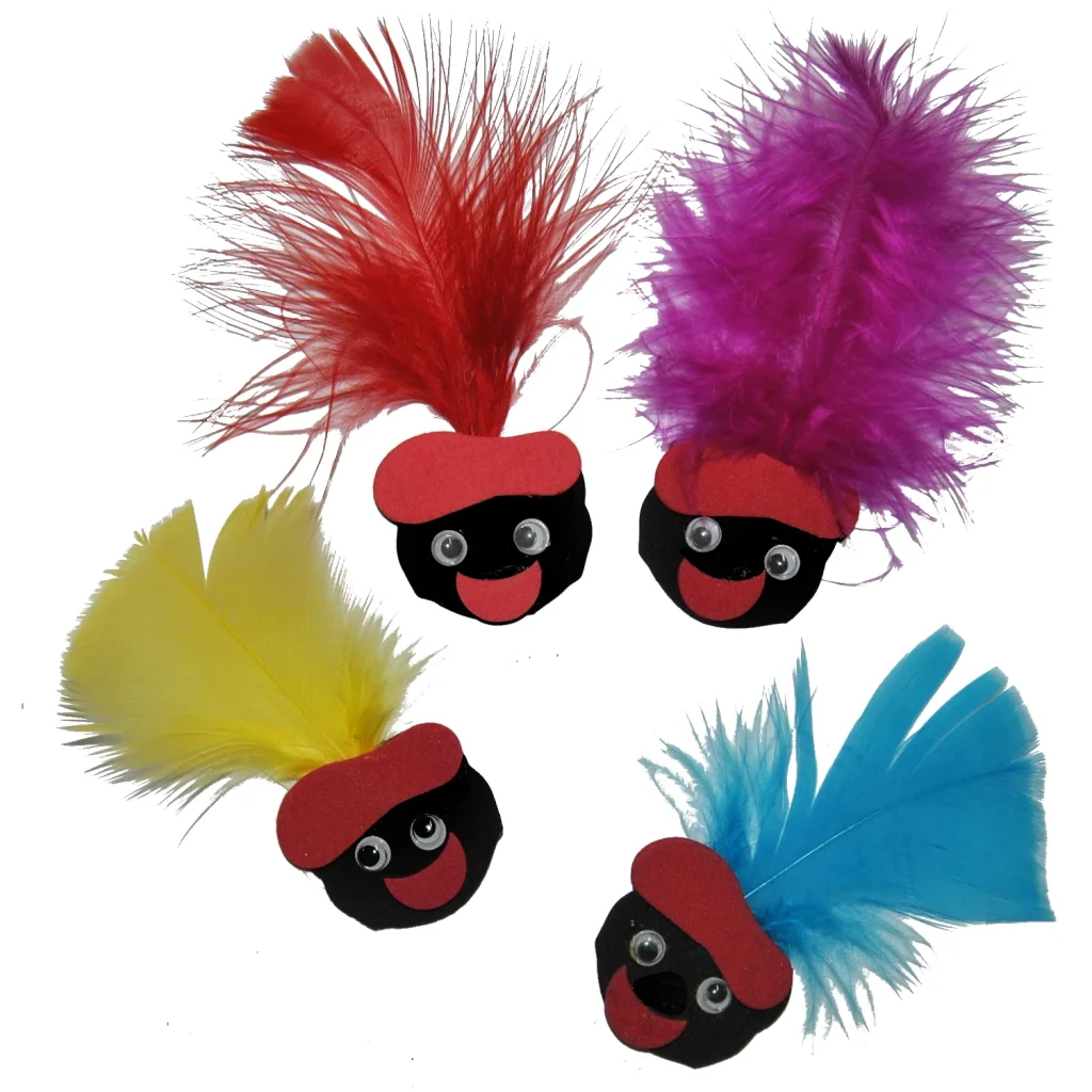 Allerlaatste stuks; Pietjes met veertje gemengde kleuren, 6 cm, 10 stuks