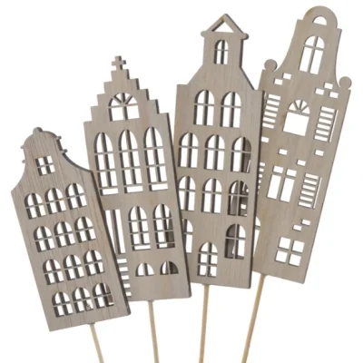 Houten grote huisjes 4 verschillende soorten,  13,5cm