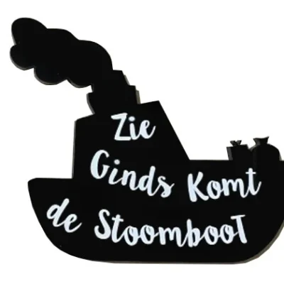 Houten stoomboot met witte tekst, 9cm