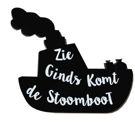 Houten stoomboot met witte tekst, 9cm